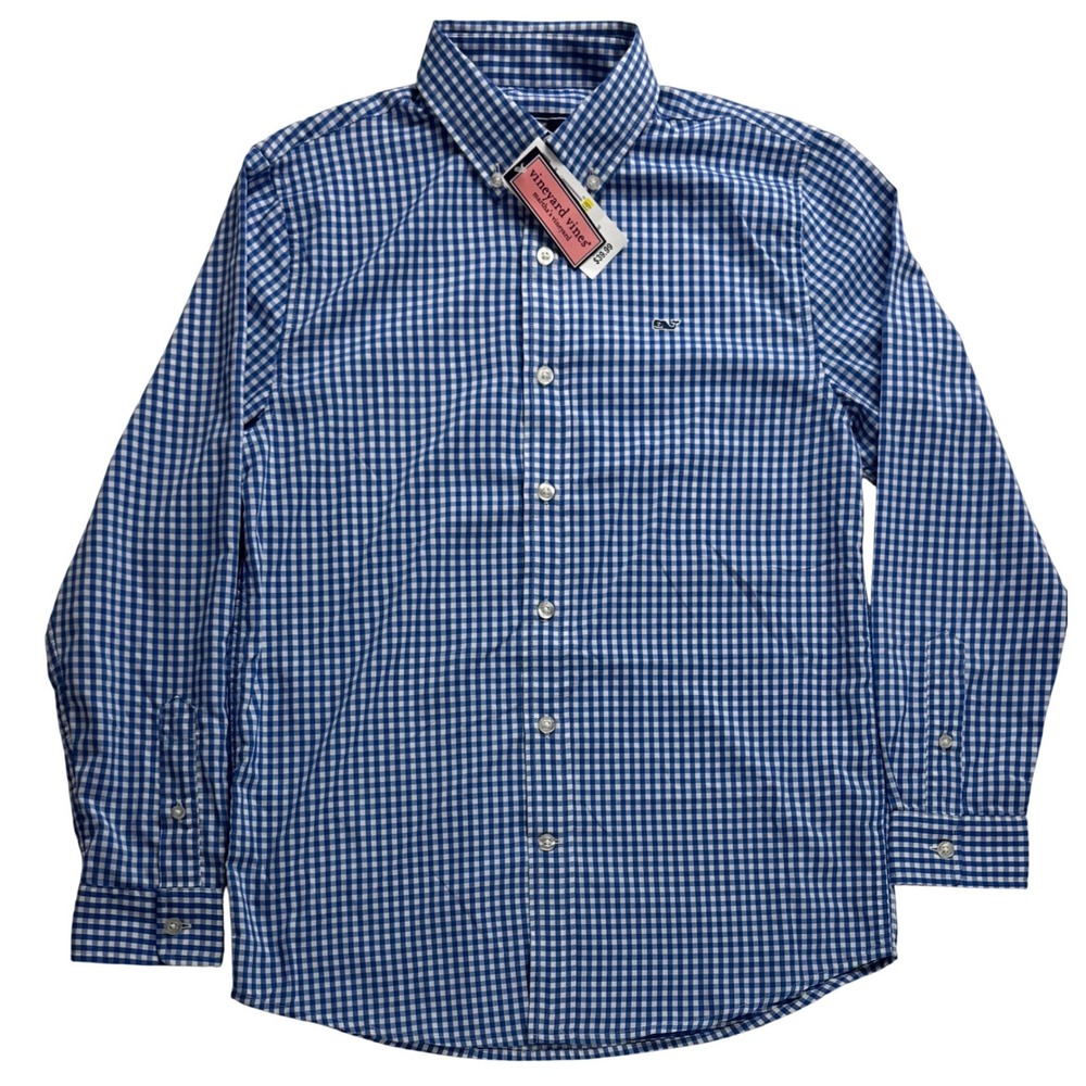 Vineyard Vines Boy Hull Blue Gingham Whale Shirt Performance Button Down M 12-14